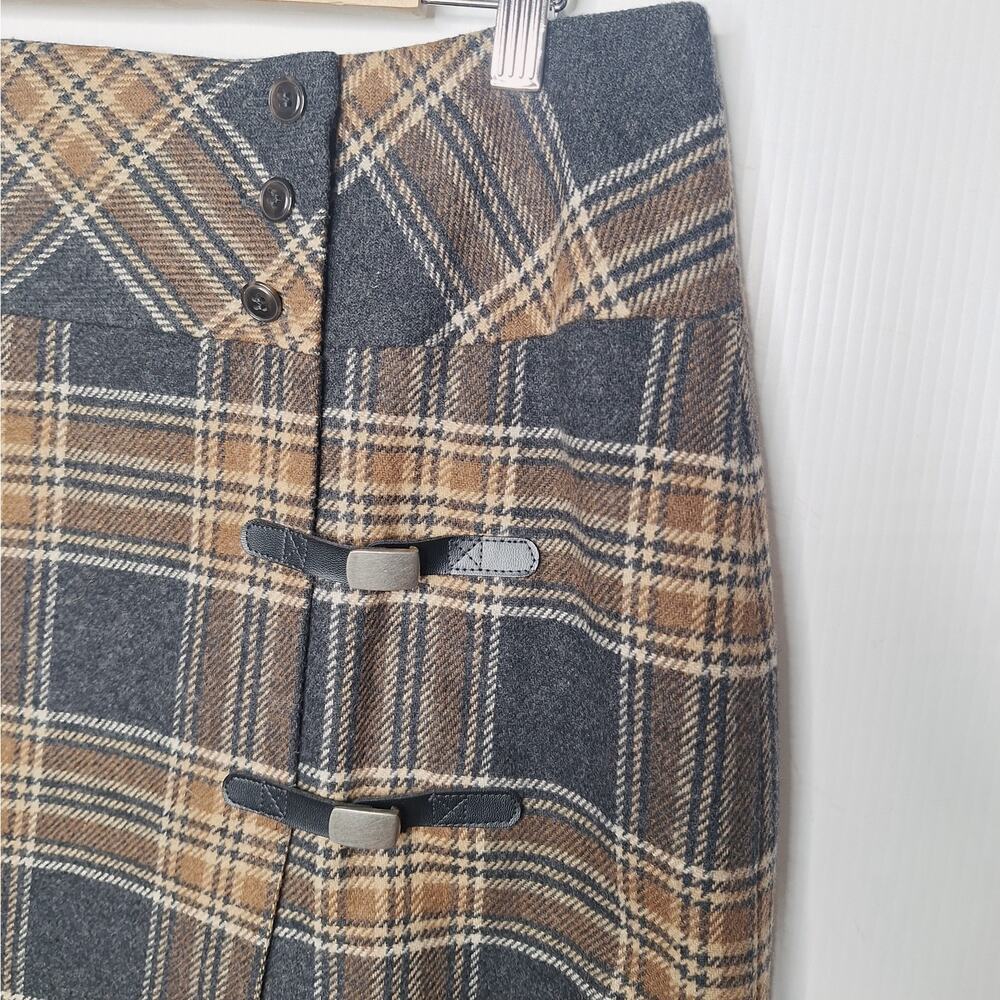 VTG 90s Wool Plaid Midi Blanket Skirt Tartan Wrap Fringe L 14 Academia Preppy - Picture 8 of 9